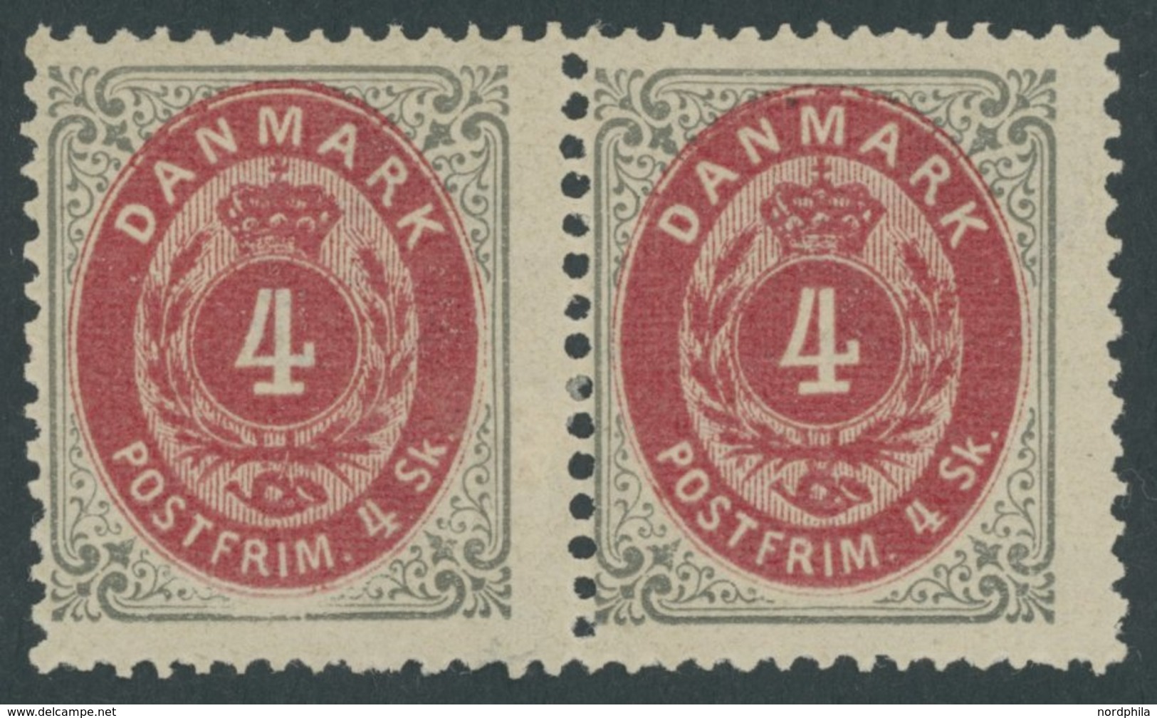 DÄNEMARK 18IA Paar *, 1870, 4 S. Grau/rot, Gezähnt K 14:131/2, Im Waagerechten Paar, Falzrest, Pracht - Oblitérés