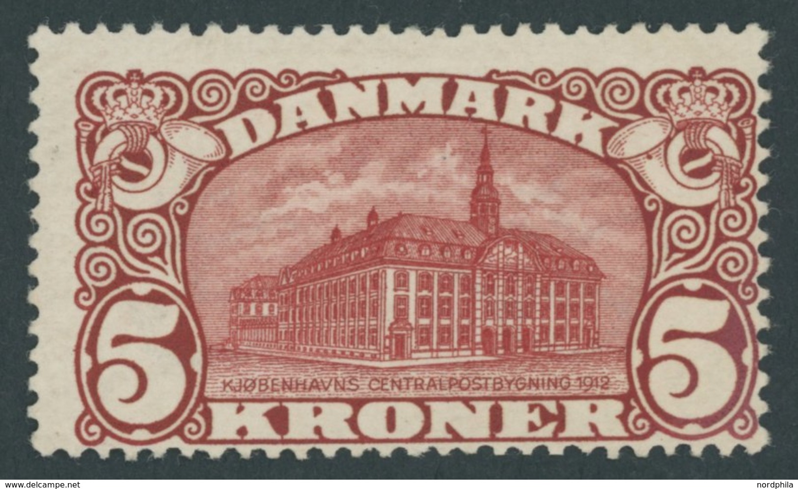 DÄNEMARK 66 *, 1912, 5 Kr. Hauptpost, Wz. 1, Mehrere Falzrest, Pracht, Mi. 350.- - Used Stamps