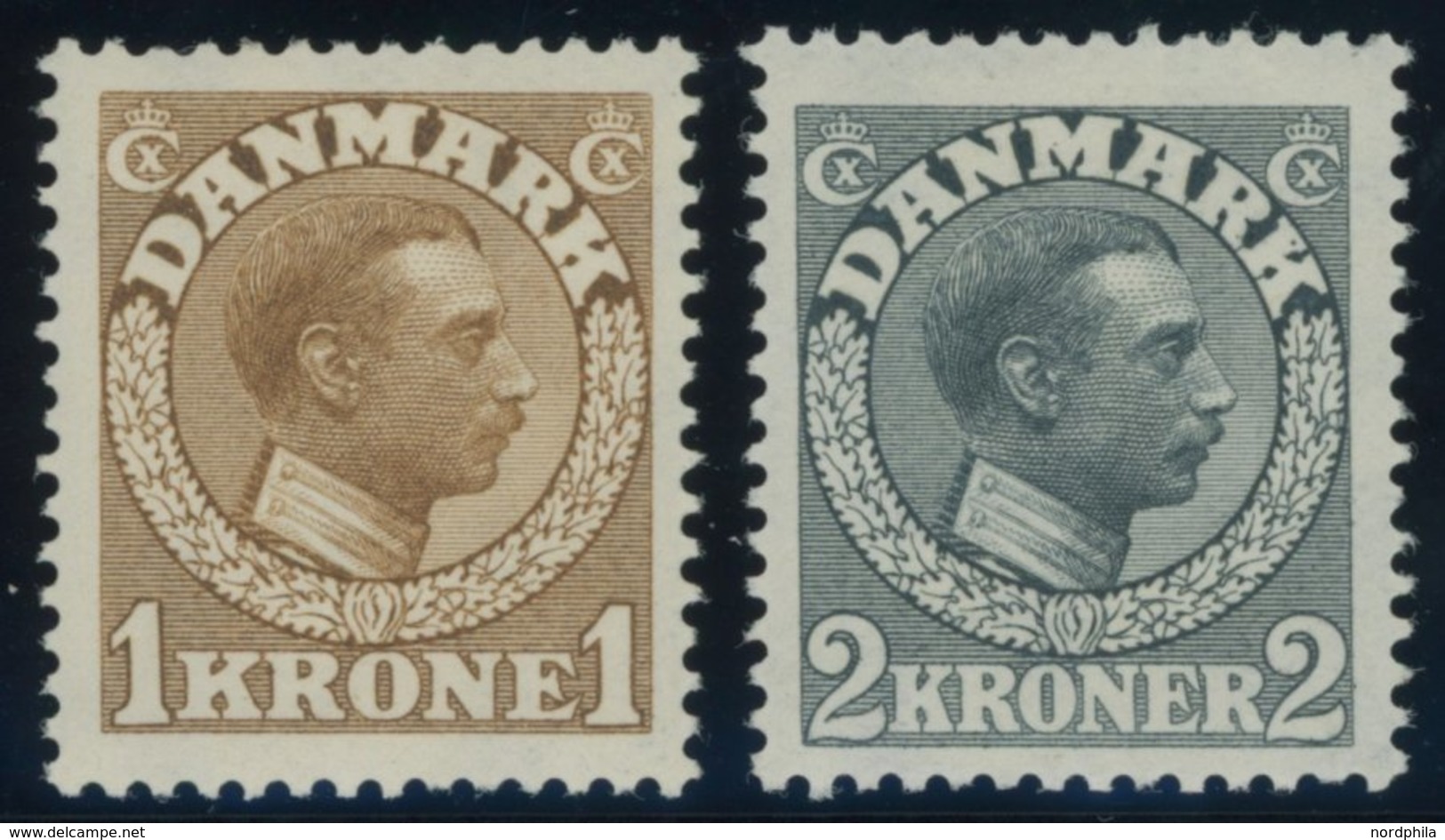 DÄNEMARK 75/6 *, 1913, 1 Und 2 Kr. König Christian X, Falzrest, 2 Prachtwerte, Mi. 160.- - Gebraucht