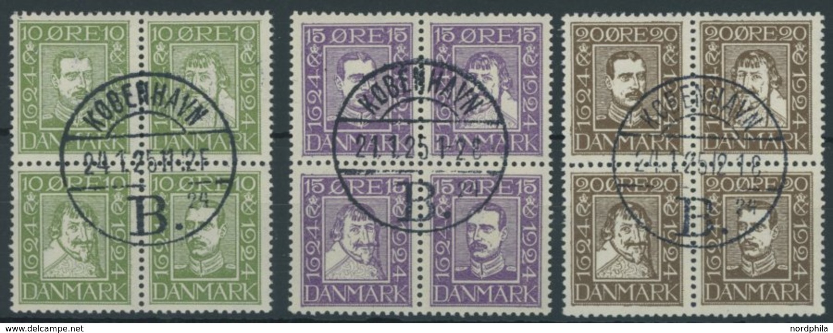 DÄNEMARK 131-42 VB O, 1924, 300 Jahre Dänische Post, 3 Viererblocks, Prachtsatz, Mi. 110.- - Gebraucht