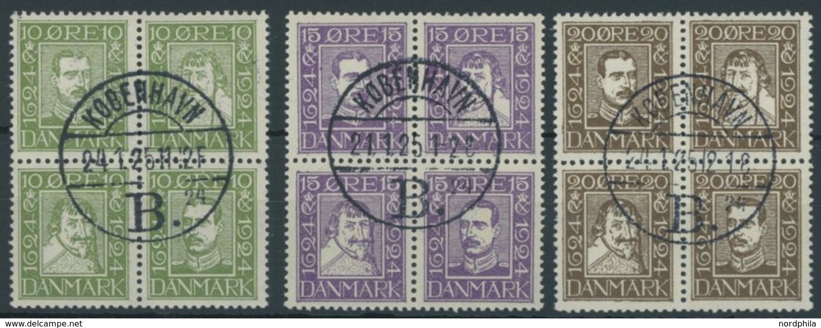 DÄNEMARK 131-42 VB O, 1924, 300 Jahre Dänische Post, 3 Viererblocks, Prachtsatz, Mi. 110.- - Used Stamps