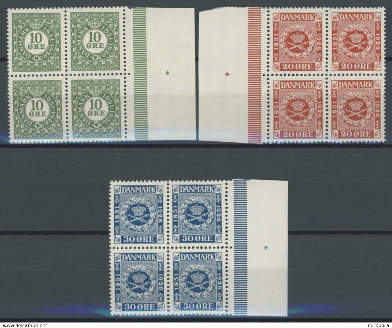 DÄNEMARK 153-55 VB **, 1926, 75 Jahre Briefmarken In Randviererblocks, Postfrisch, Pracht, Mi. 64.- - Usado