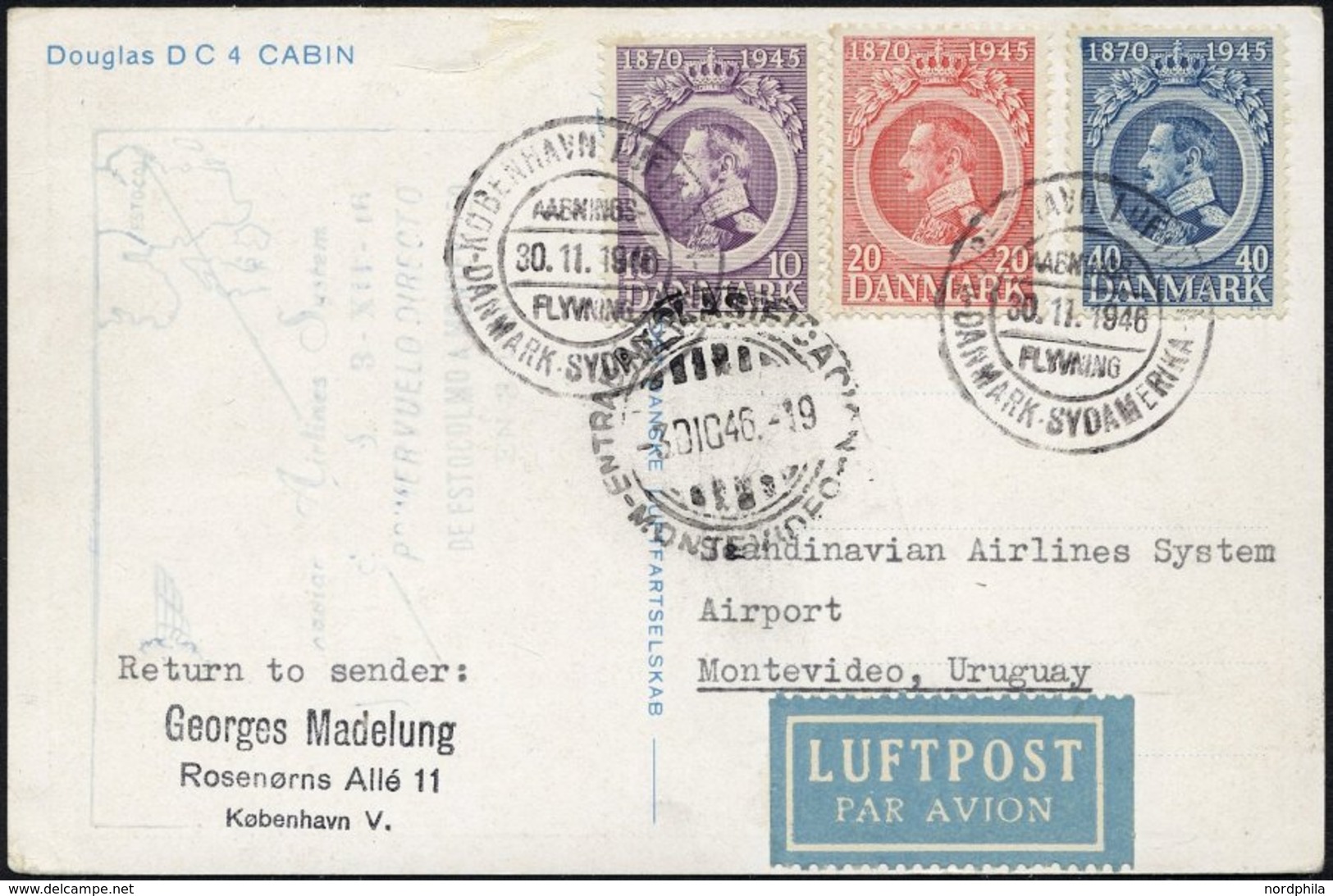 ERSTFLÜGE 286-88 BRIEF, 30.11.1946, Kopenhagen-Montevideo, Prachtkarte, Müller 158 - Otros & Sin Clasificación