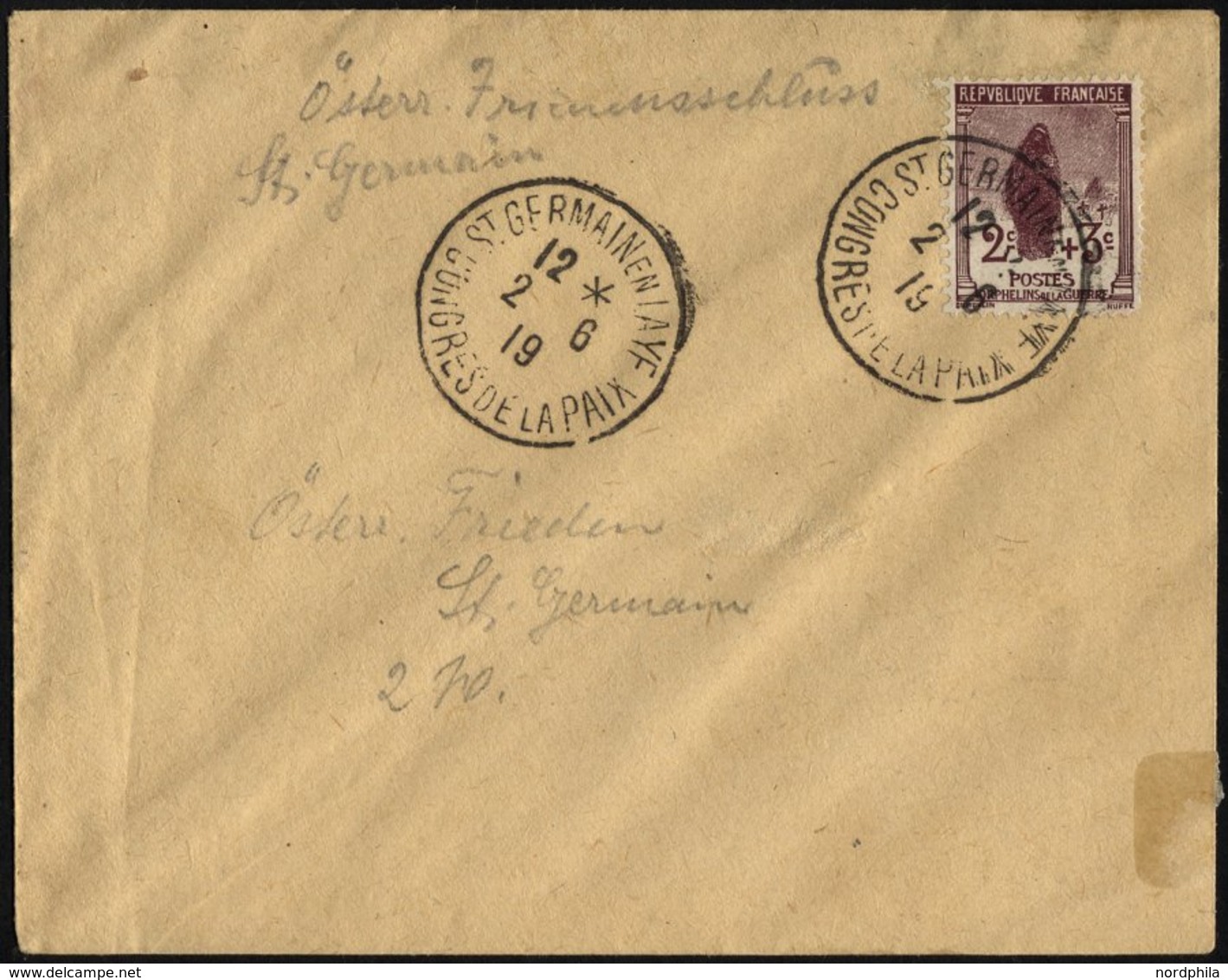 FRANKREICH 128 BRIEF, 1919, Brief Mit Sonderstempel Des Friedenskongresses In St. Germain Auf 2 C. Kriegswaisen, Pracht - Sonstige & Ohne Zuordnung