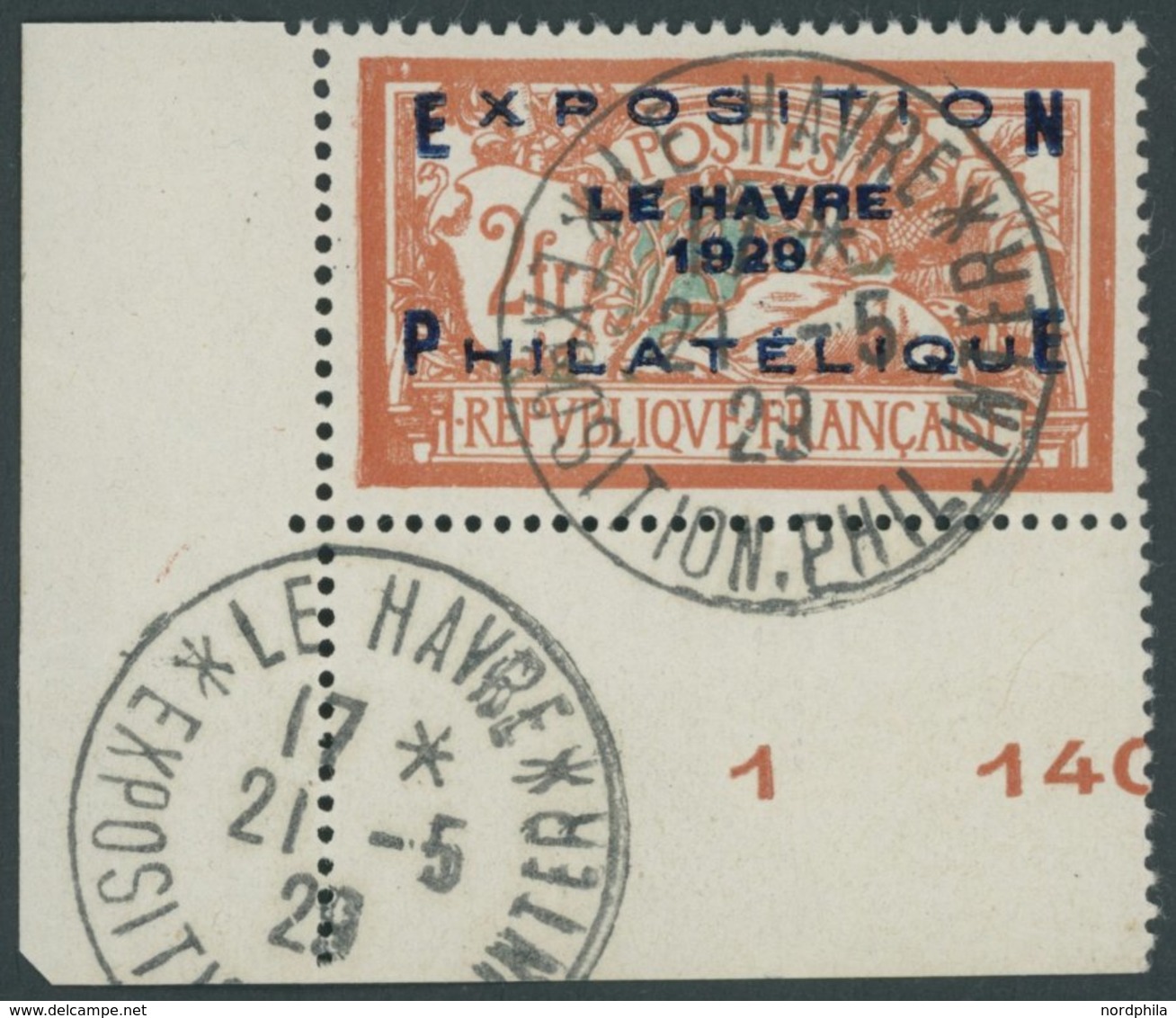 FRANKREICH 239 O, 1929, 2 Fr. Le Havre, Sonderstempel, Linke Untere Bogenecke, Pracht - Sonstige & Ohne Zuordnung