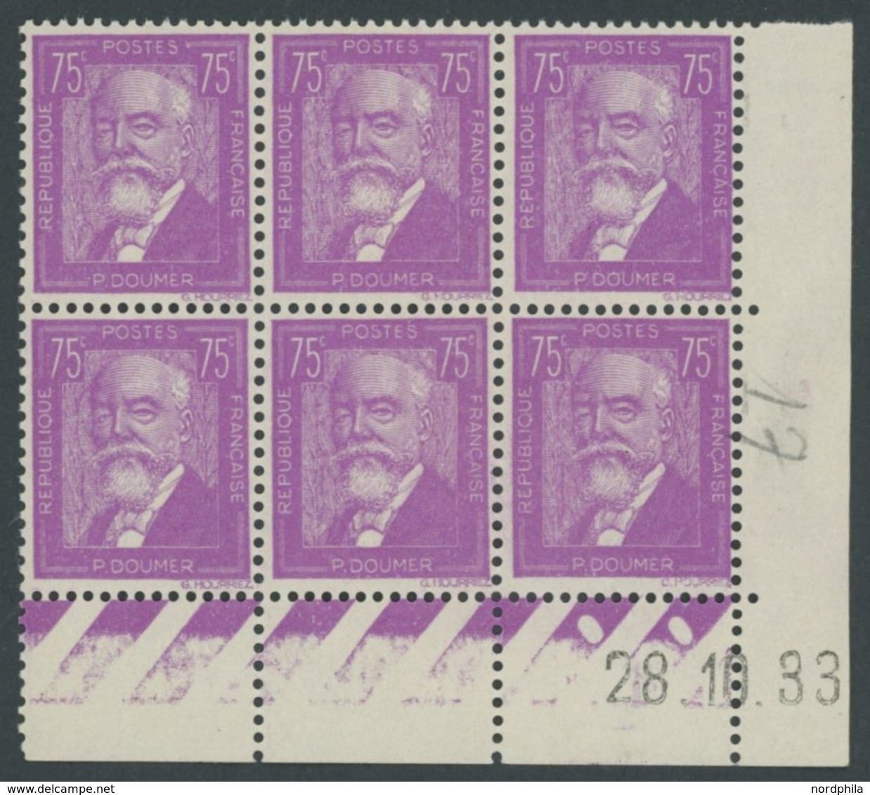 FRANKREICH 288 **, 1933, 1.25 Fr. Victor Hugo Im Sechserblock Aus Der Rechten Unteren Bogenecke Mit Druckdatum, Postfris - Sonstige & Ohne Zuordnung