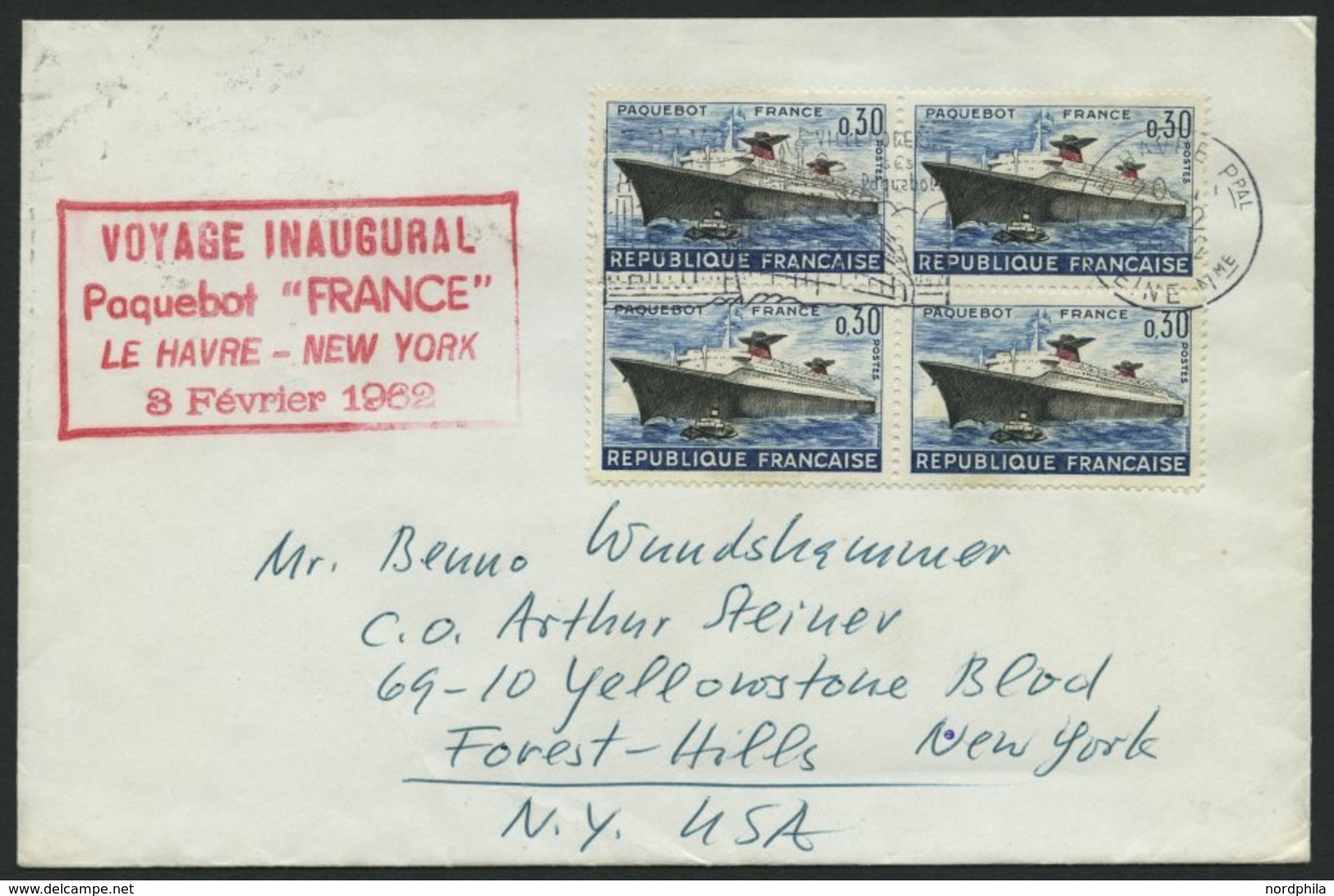 FRANKREICH 1378 VB BRIEF, 1962, 0,30 Fr. France Im Viererblock Auf Schiffspostbrief, Mit Der France Befördert, Roter R4, - Autres & Non Classés