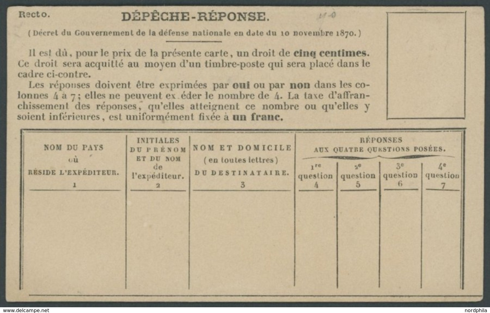 FRANKREICH 1870/1, Ballon Monte-Antwortkarte DÉPECHE-RÉPONSE Für Brieftauben-Nachrichten Ins Belagerte Paris, Pracht - Sonstige & Ohne Zuordnung