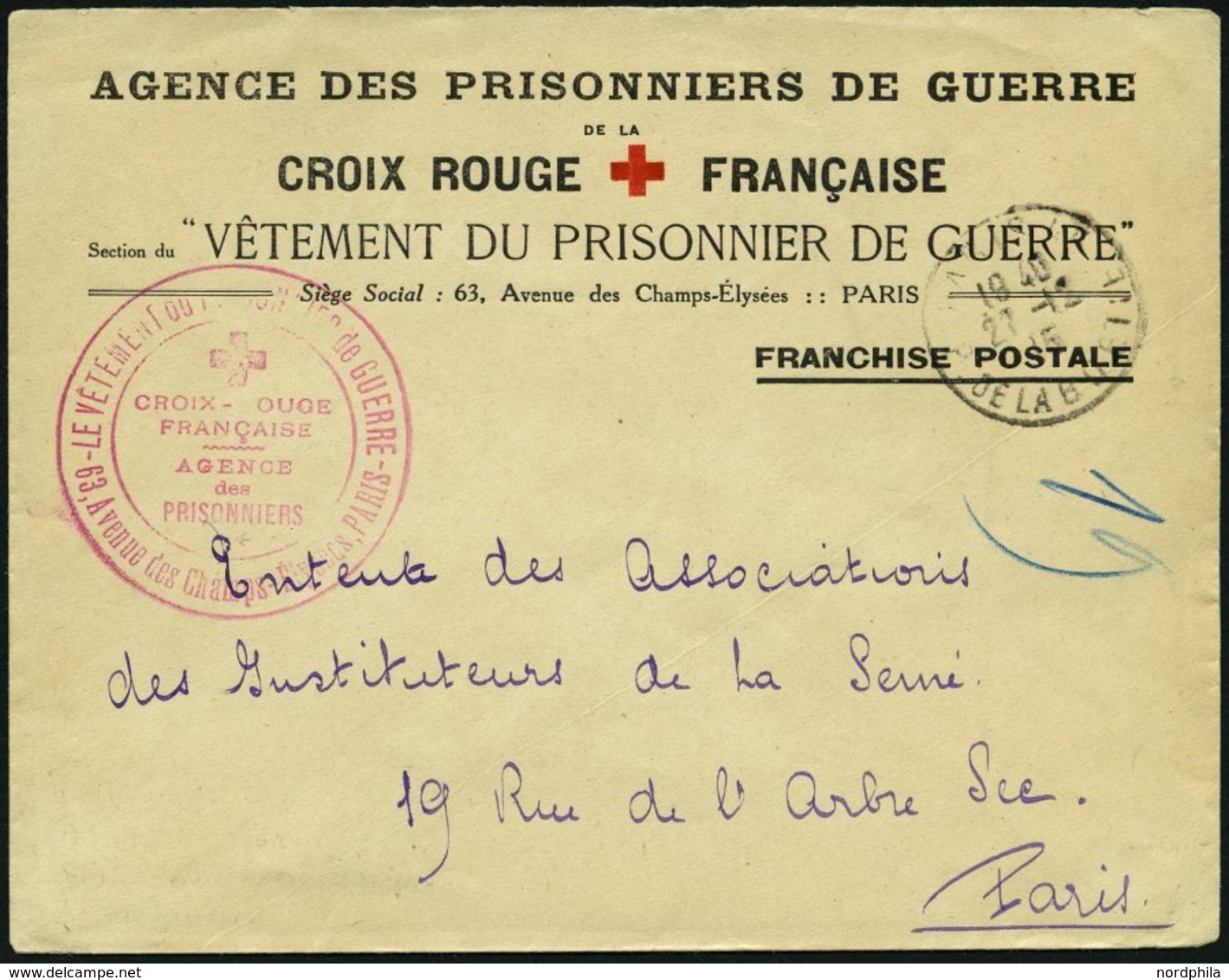 FRANKREICH FELDPOST 1915, Orts-Vordruckbrief Der Französischen Rotkreuzgesellschaft Mit Portofreiheitsvernerk Und Rotem  - Sellos De Guerra