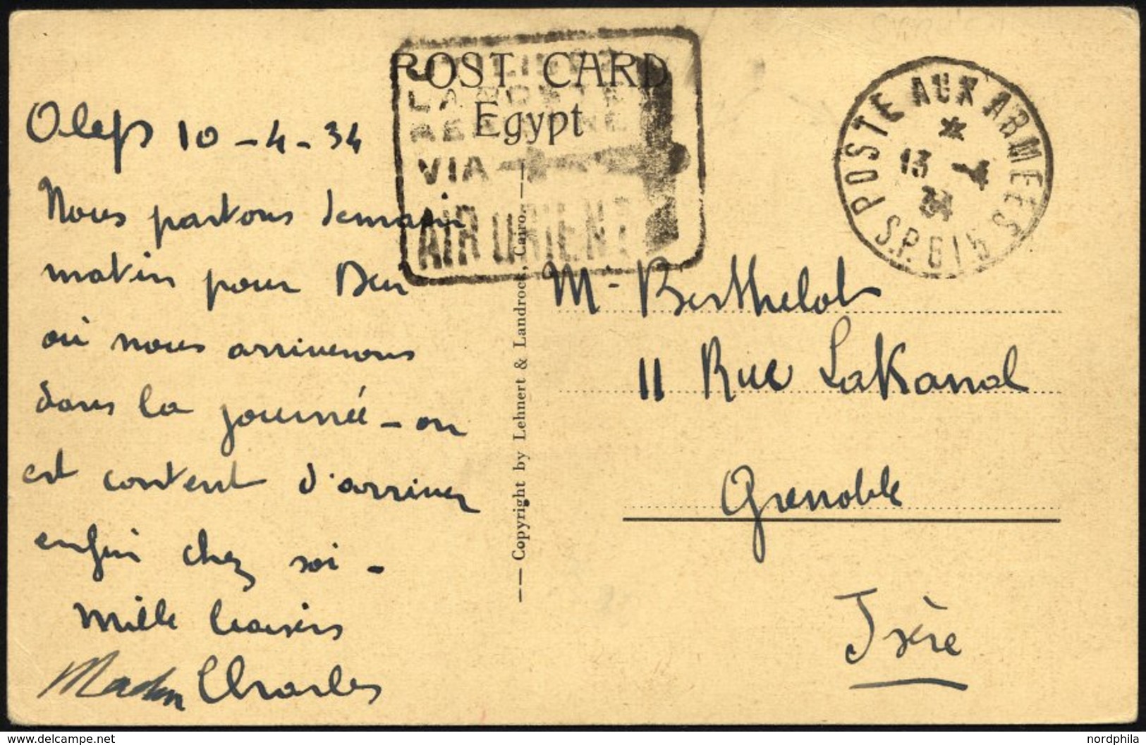 FRANKREICH FELDPOST 1934, K1 POSTE AUX ARMÉES/S.P.615 Und Militärstempel Auf Feldpost-Ansichtskarte Aus Aleppo, Pracht - War Stamps