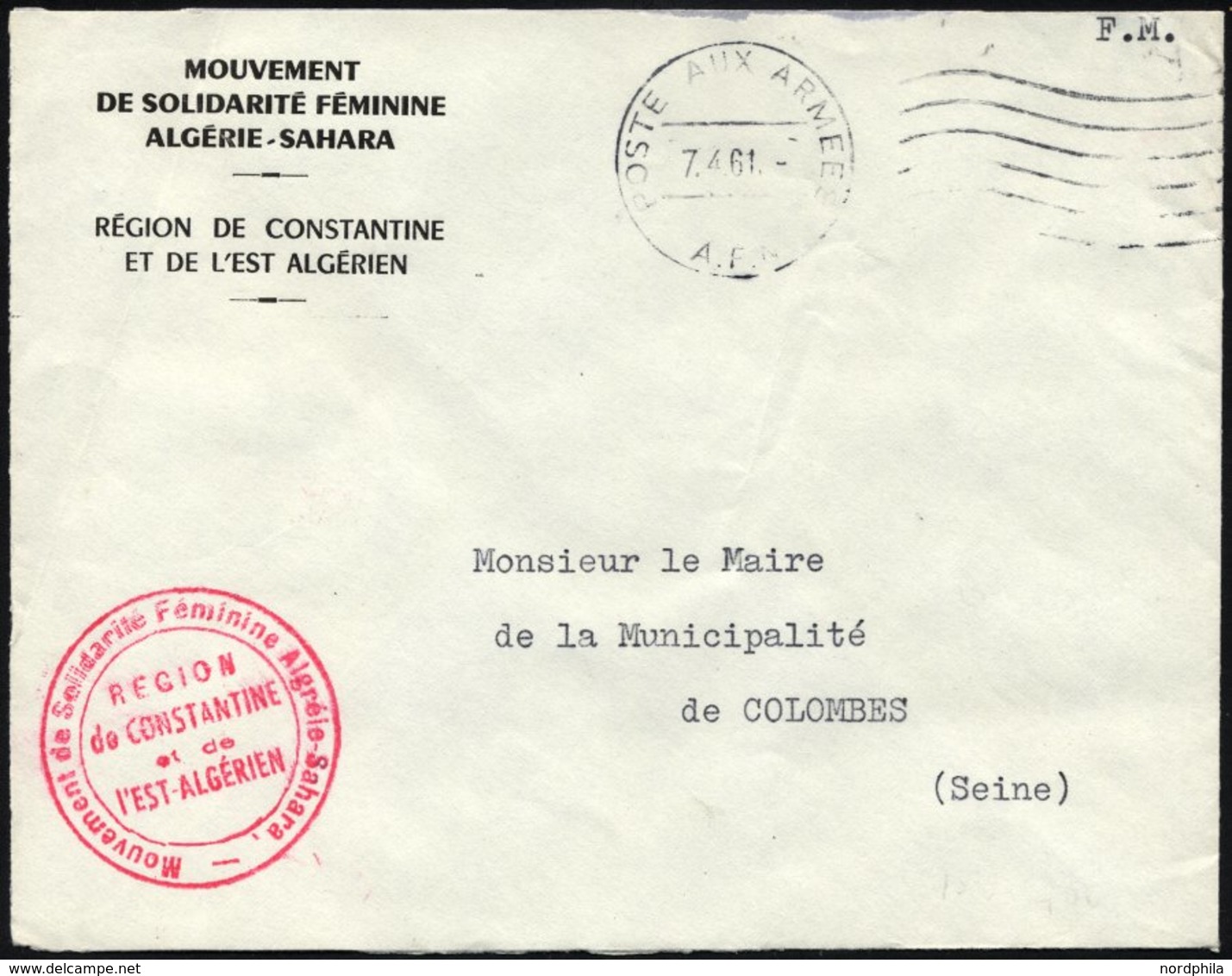 FRANKREICH FELDPOST 1961, K1 POSTE AUX ARMEES/A.F.N. Auf Armeebrief Der Frauensolidaritätsbewegung Der Sahara-Region Alg - Sellos De Guerra