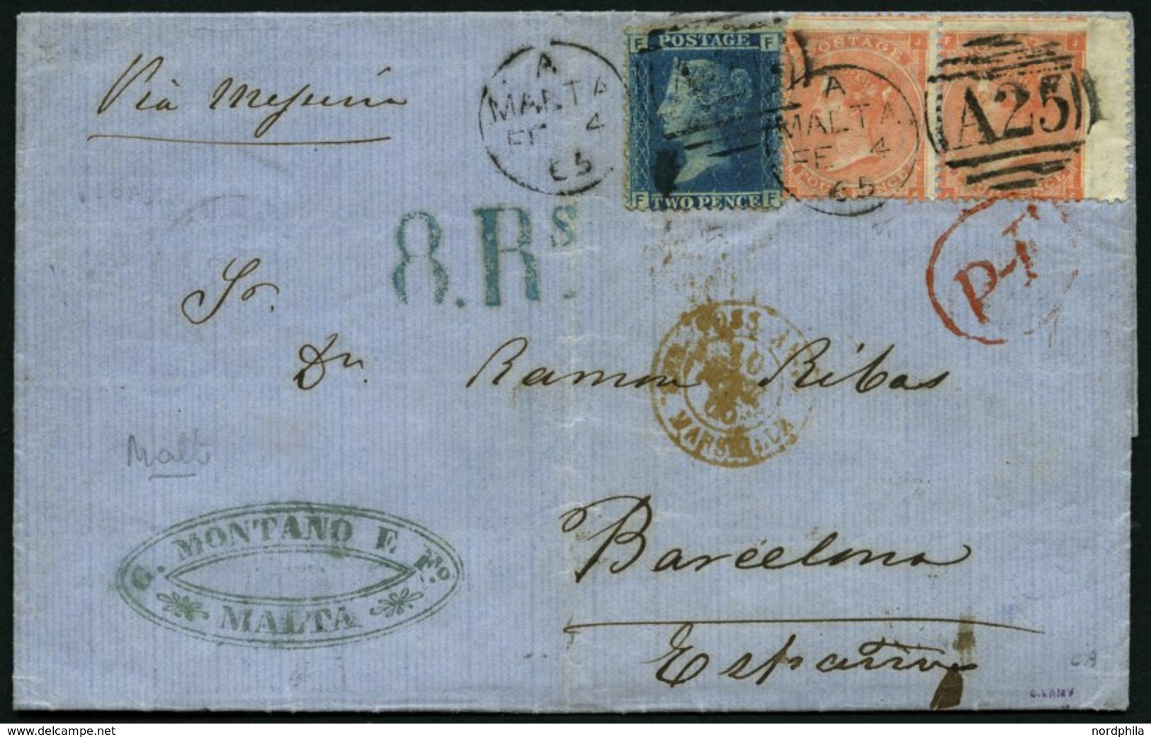 GROSSBRITANNIEN 17I,19II Paar BRIEF, 1865, 2 P. Blau Und Waagerechtes Paar 4 P. Bräunlichrot (üblich Gezähnt) Auf Brief  - Otros & Sin Clasificación