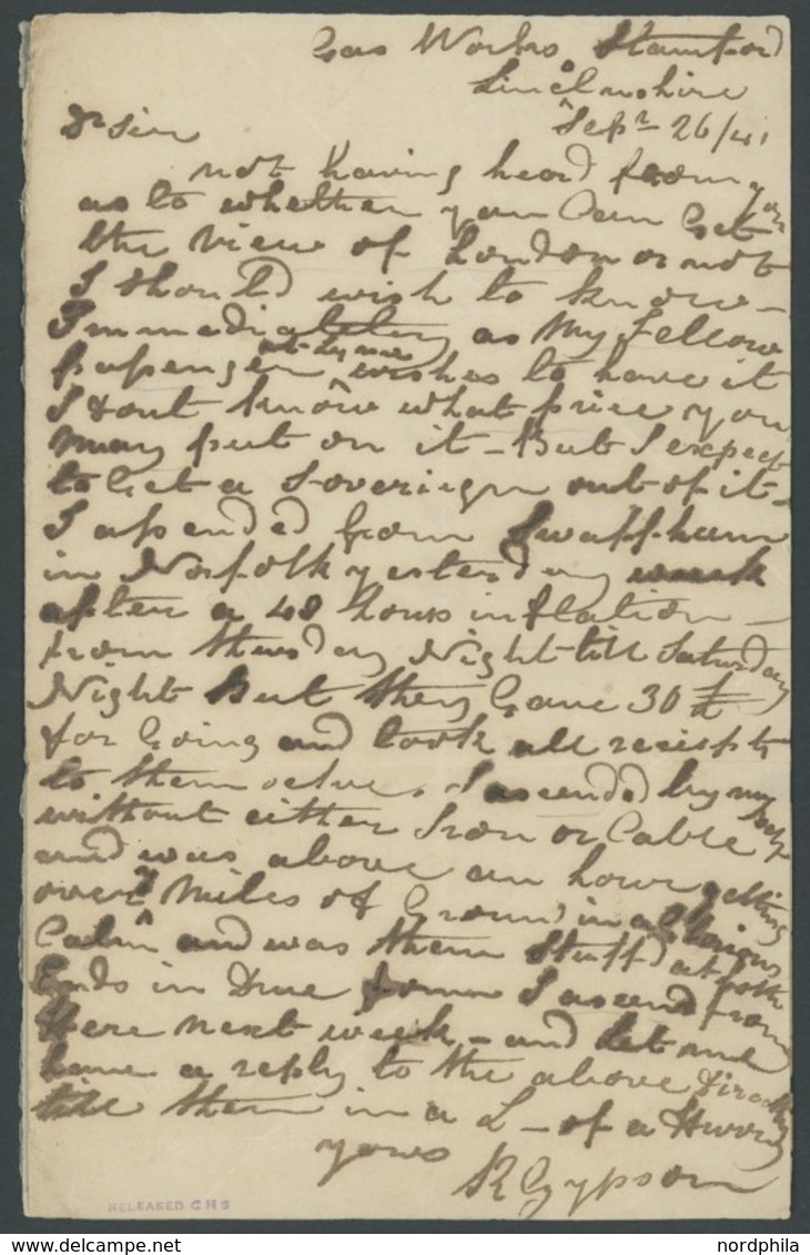 GROSSBRITANNIEN 1841, Eigenhändiger Brief Von R. Gypson Vor Dem Aufstieg Von Der Gasanstalt In Stamford An Mr. Adams Auc - Other & Unclassified