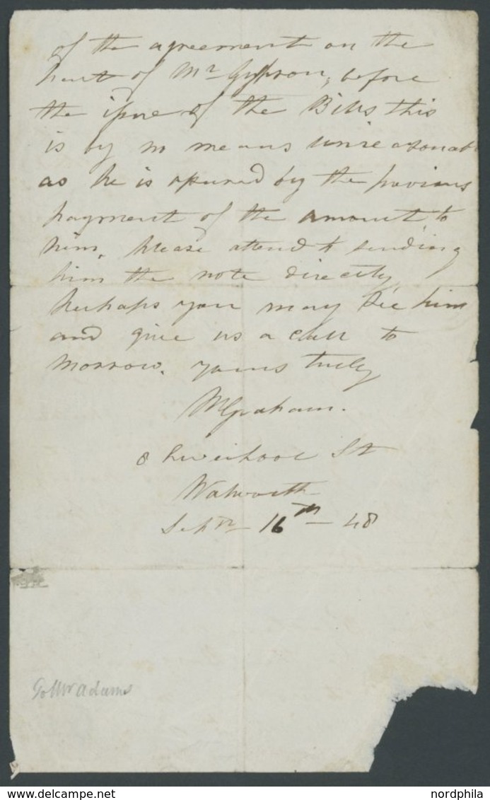 GROSSBRITANNIEN 1848, Eigenhändiger Brief Der Einzigen Englischen Ballonfahrerin E. Graham Mit Bezug Auf Unterstützung D - Other & Unclassified