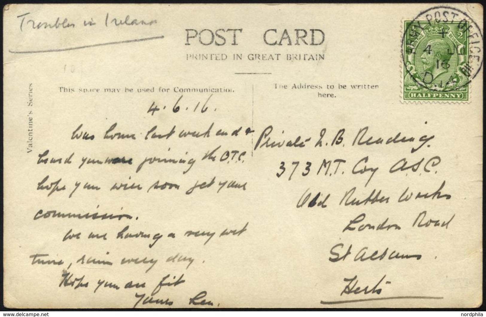 BRITISCHE MILITÄRPOST 127 BRIEF, 1916, 1/2 P. Gelbgrün Mit K1 ARMY POST OFFICE/D 14 Auf Feldpost-Ansichtskarte Aus Dem H - Usados