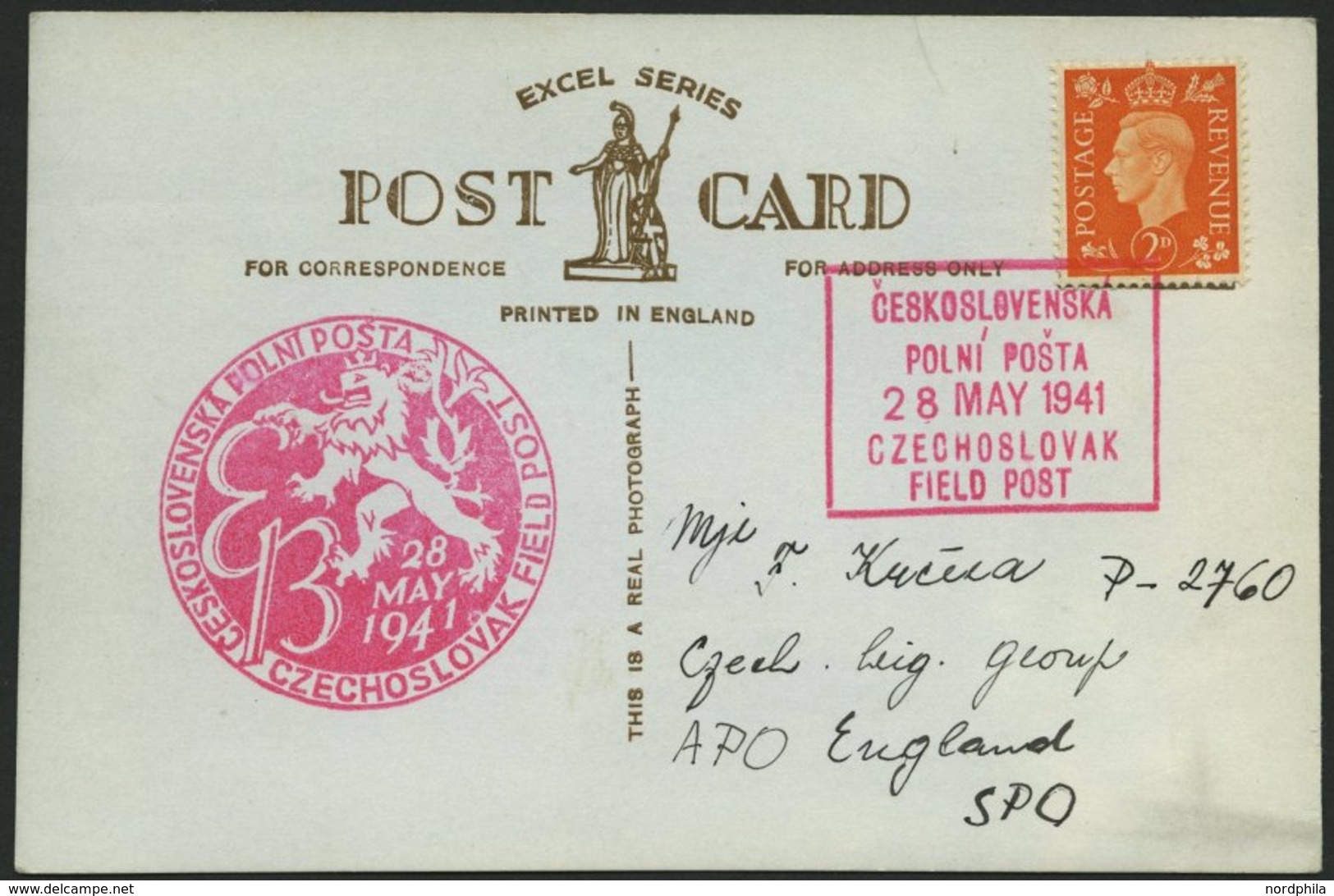 BRITISCHE MILITÄRPOST 1941, 2 P. Orange Auf Ansichtskarte Mit Tschechischem Feldpoststempel Nr. 1 Und 12, Pracht - Gebraucht