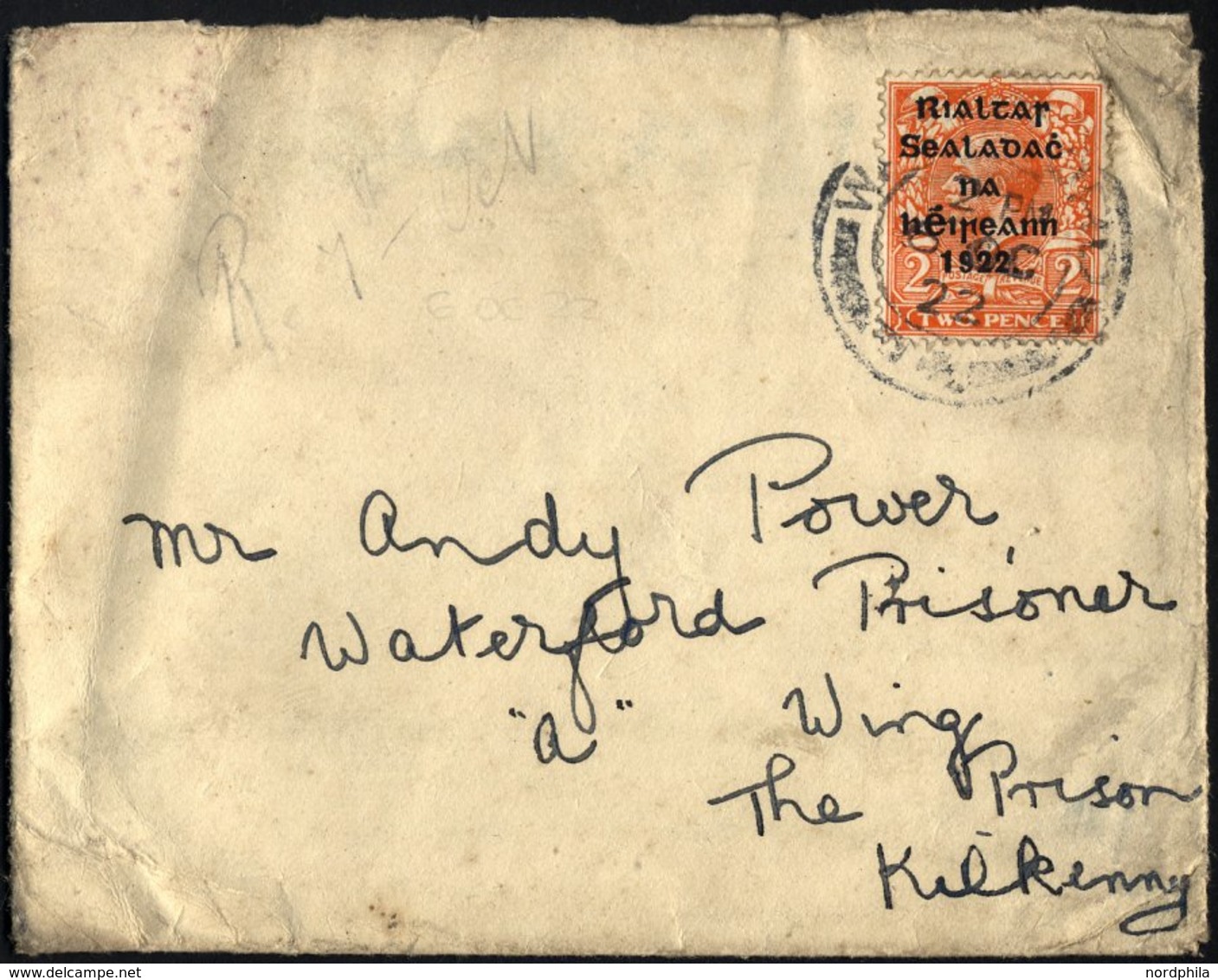 IRLAND 15IV BRIEF, 1922, Brief An Einen Häftling Im Gefängnis Von Waterford, Ohne Zensur, Starke Gebrauchsspuren - Sonstige & Ohne Zuordnung