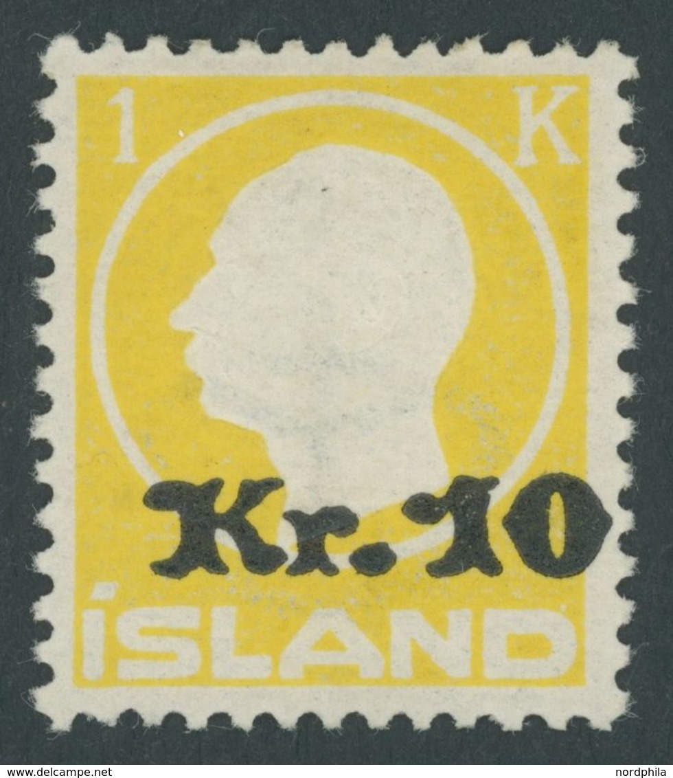 ISLAND 111 *, 1924, 10 Kr. Auf 1 Kr. Gelb, Falzrest, Pracht - Other & Unclassified