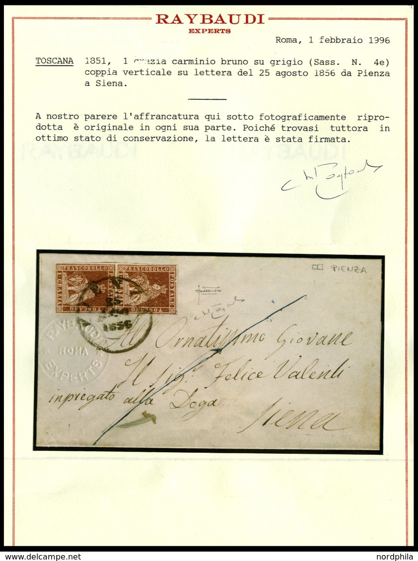 TOSCANA 4yb Paar BRIEF, 1856, 1 Cr. Braunkarmin, Graues Papier, Im Senkrechten Paar (Sassone Nr. 4e) Auf Brief Von PIENZ - Toscane