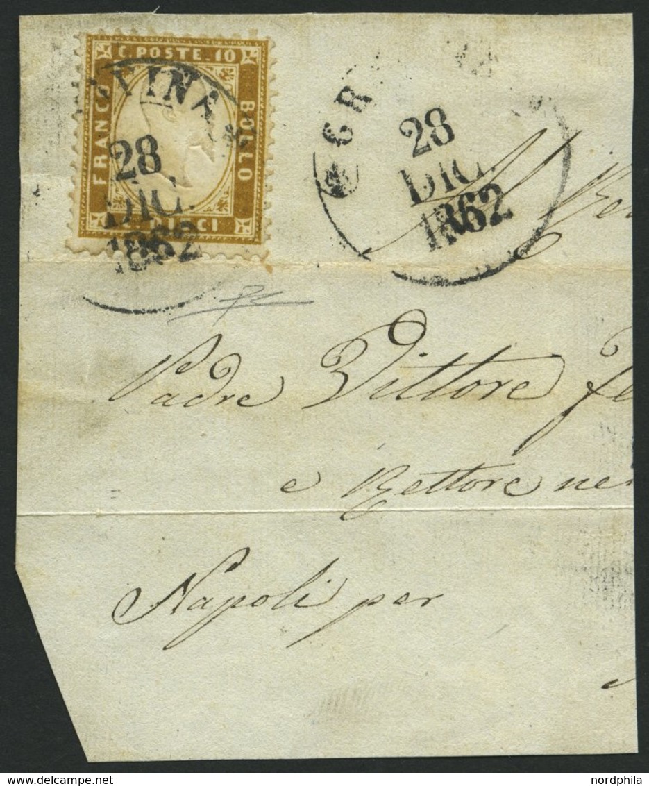 ITALIEN 9 BrfStk, 1862, 10 C. Braunoliv (Sassone Nr. 1e) Mit Stempel GRAVINA Auf Großem Briefstück, Pracht, Fotoattest E - Sin Clasificación