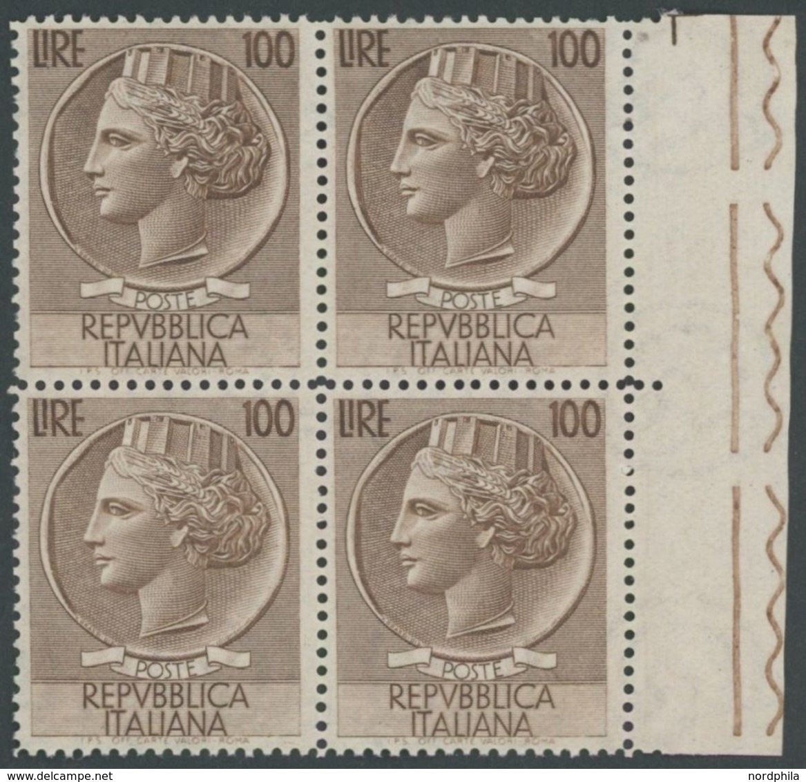 ITALIEN 920A VB **, 1954, 100 L. Braun, Wz. 3, Gezähnt L 131/4, Im Randviererblock, Postfrisch, Pracht, Mi. 800.- - Unclassified