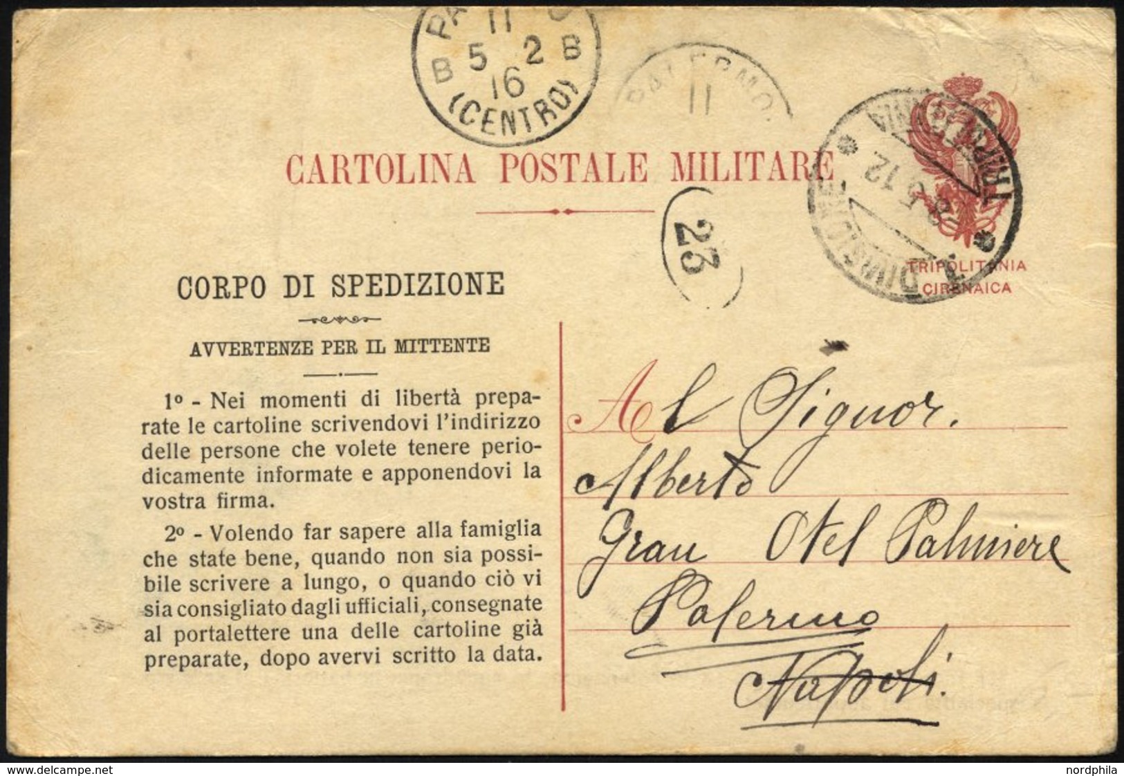 MILITÄRPOST 1912, Feldpoststempel DIVISIONE TRIPOLITANIA Auf Seltener Feldpost-Vordruckkarte (Vordruck Zu Deutsch: Es Ge - Croix-Rouge