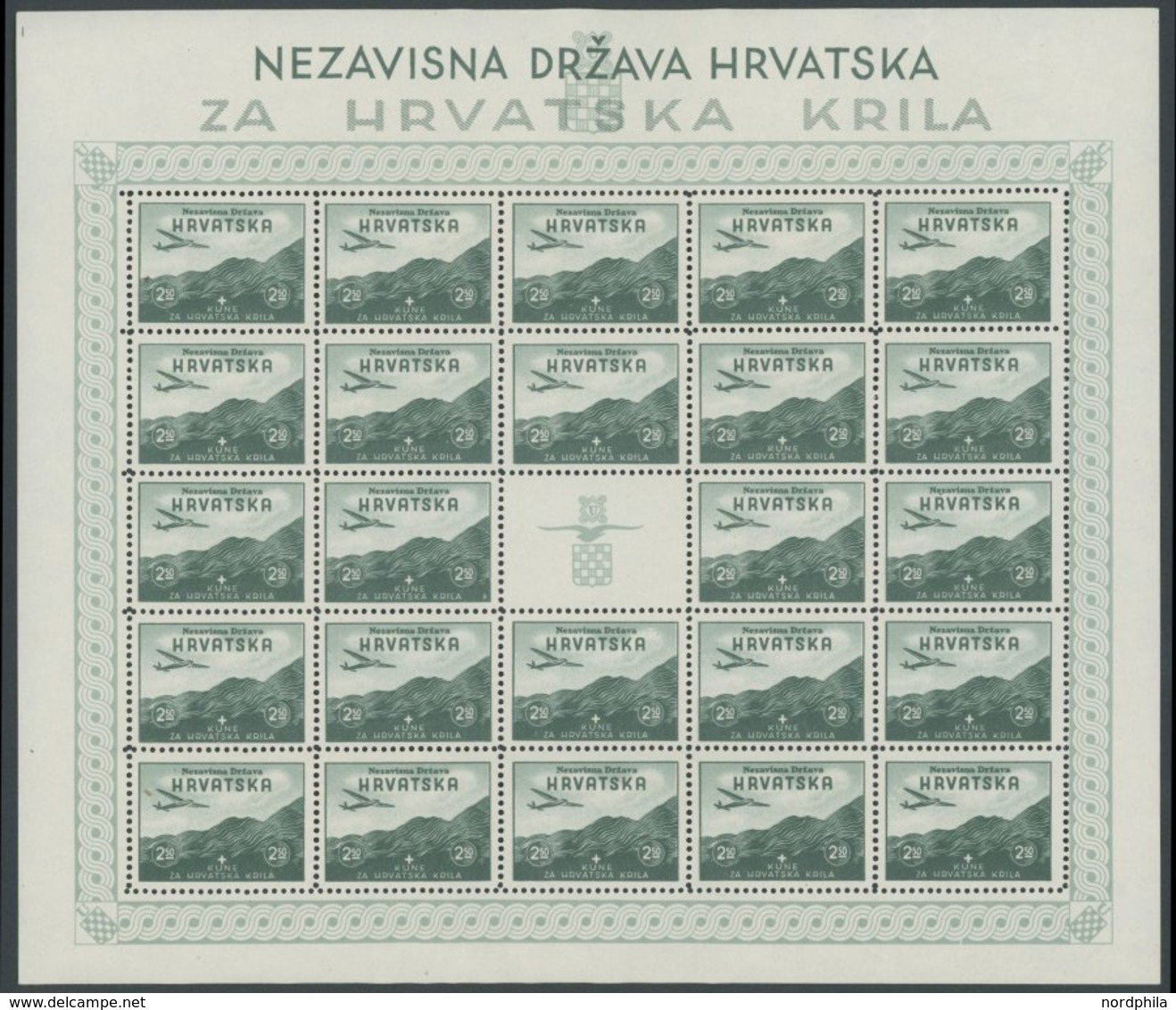 KROATIEN 70-73 **, 1942, Modelflugzeug-Ausstellung Im Bogensatz (24) Mit Zierfeldern Und Stecherzeichen, Ränder Teils Ni - Croatia