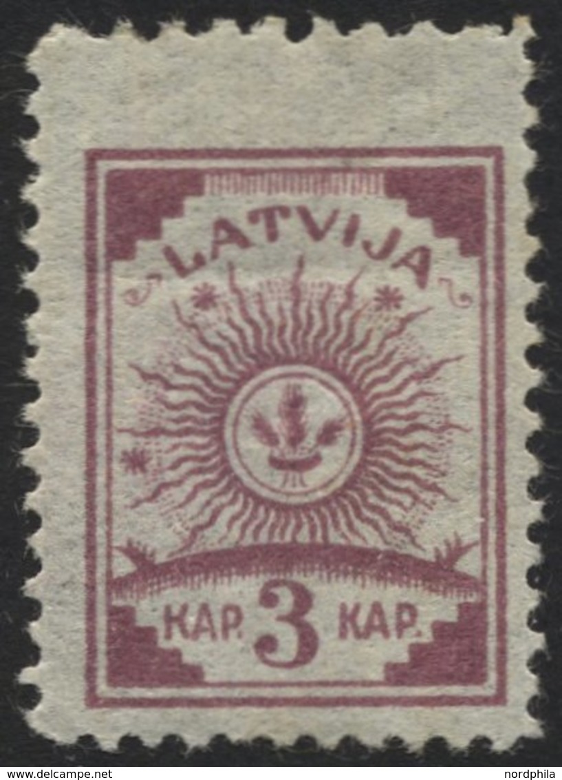 LETTLAND 6 *, 1919, 3 K. Lila, Dreiseitig Gezähnt L 111/2, Oben Gezähnt L 9 3/4, Falzrest, Pracht - Lettland