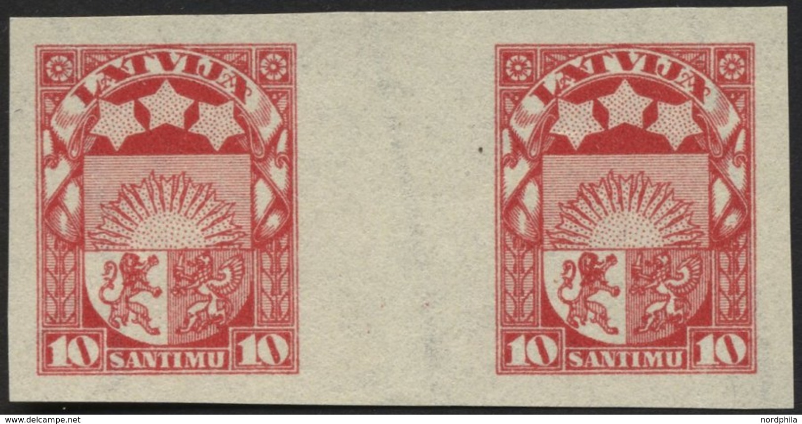 LETTLAND 93UZW (*), 1923, 10 S. Karmin, Ungezähnt Im Zwischenstegpaar, Ohne Gummi, Pracht - Lettland