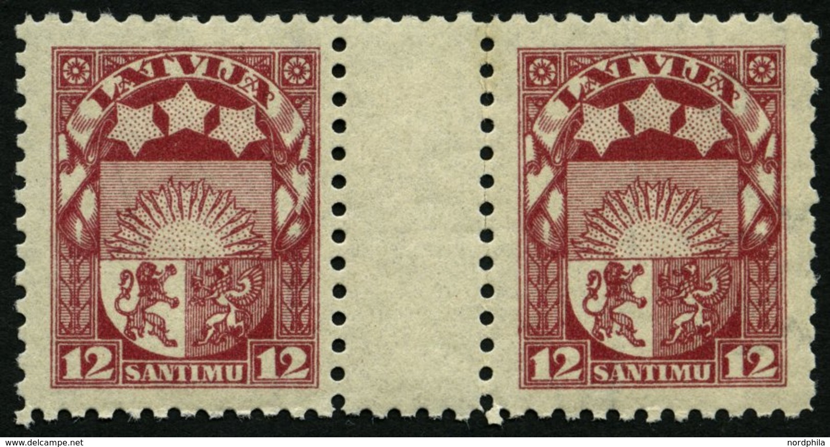 LETTLAND 94ZW **, 1923, 12 S. Rotlila Im Waagerechten Zwischenstegpaar, Pracht - Lettonie