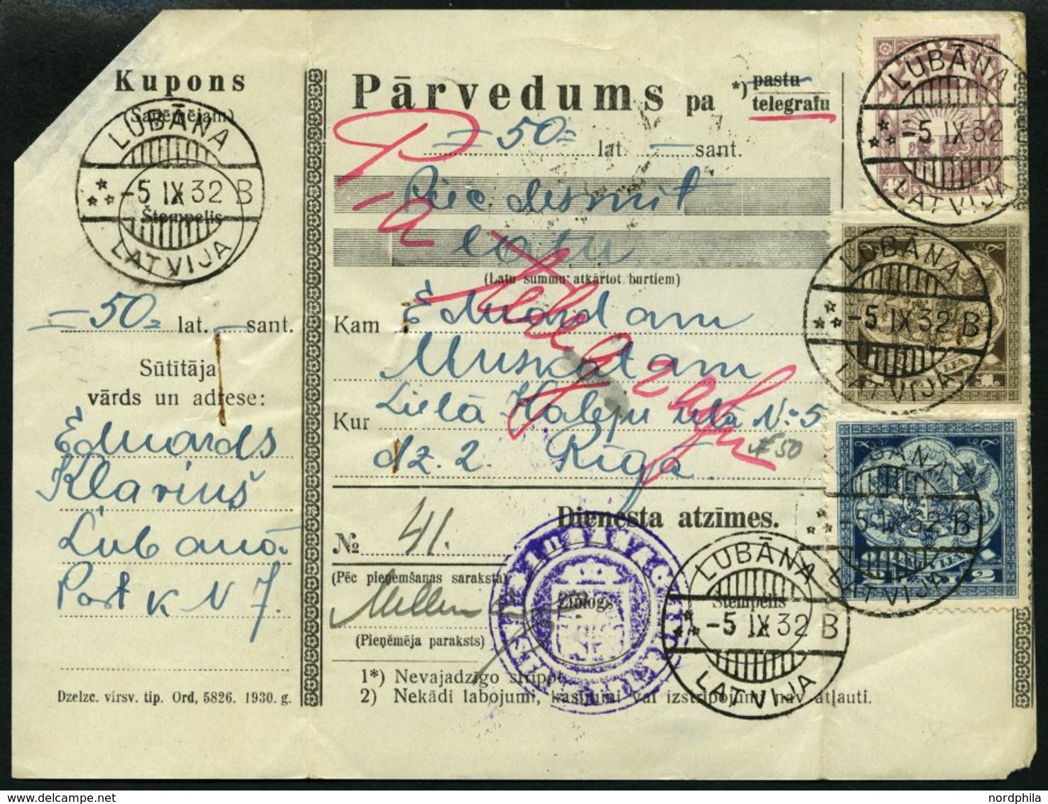 LETTLAND 96,98/9 BRIEF, 1932, 40 S., 1 Und 2 L. Staatswappen Auf Geldanweisung Mit Kupon Aus LUBANA, Feinst - Lettland