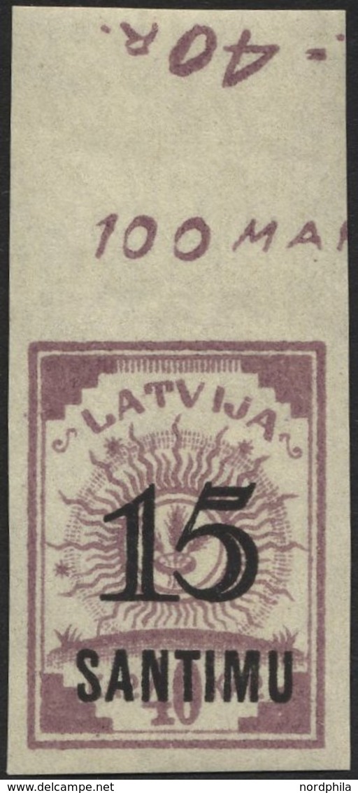 LETTLAND 114U **, 1927, 15 S. Auf 40 K. Lila, Ungezähnt, Oberrandstück, Pracht, RR! - Lettland