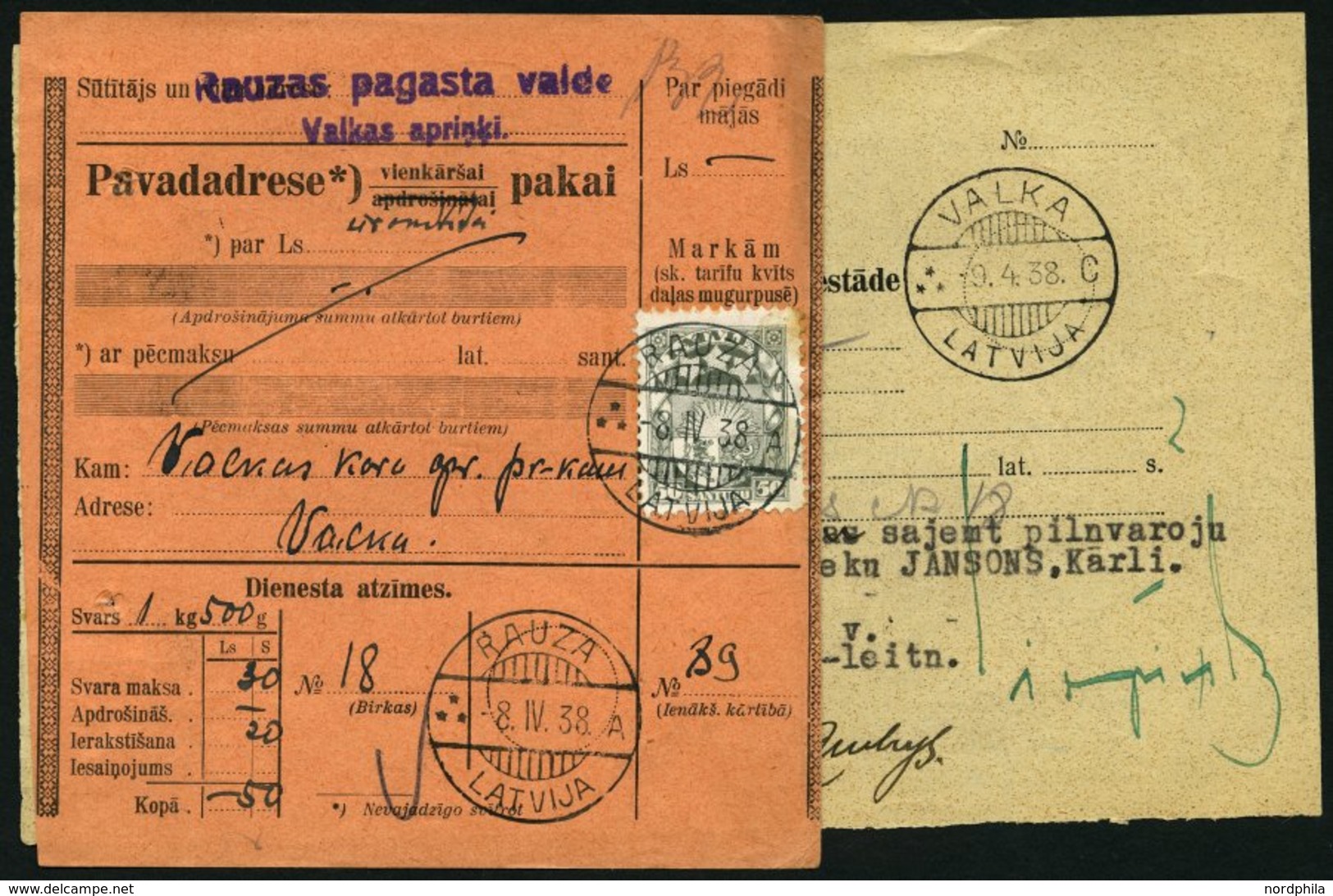 LETTLAND 152 BRIEF, 1938, 50 S. Lilagrau Auf Lachsfarbener Paketkarte Mit Anhängender PAVESTE, Pracht - Lettonia