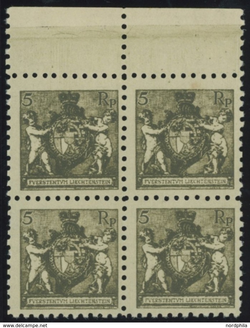 LIECHTENSTEIN 48A **, 1921, 5 Rp. Schwarzbräunlicholiv, Gezähnt L 91/2, In Oberrandviererblocks, Pracht, Mi. 1120.- - Sonstige & Ohne Zuordnung