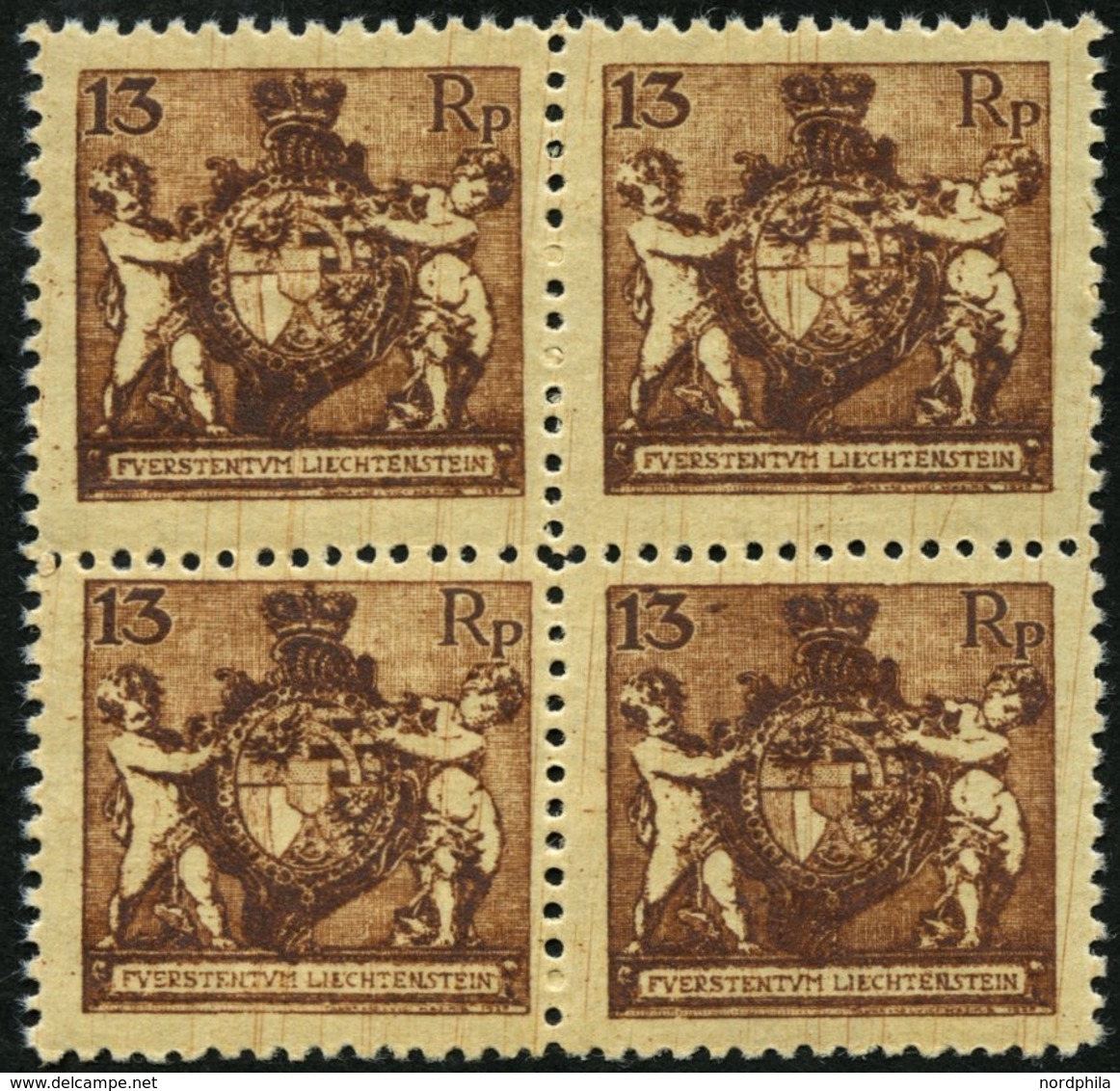 LIECHTENSTEIN 51B VB **, 1921, 13 Rp. Braun, Gezähnt L 121/2, Im Viererblock, Pracht, Mi. 120.- - Sonstige & Ohne Zuordnung