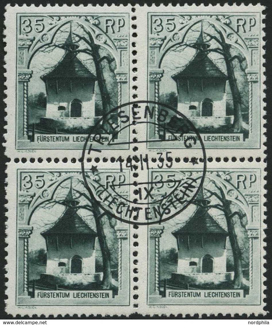 LIECHTENSTEIN 100C VB O, 1930, 35 Rp. Rofenbergkapelle, Gezähnt L 111/2:101/2, Im Zentrisch Gestempelten Viererblock, Pr - Sonstige & Ohne Zuordnung