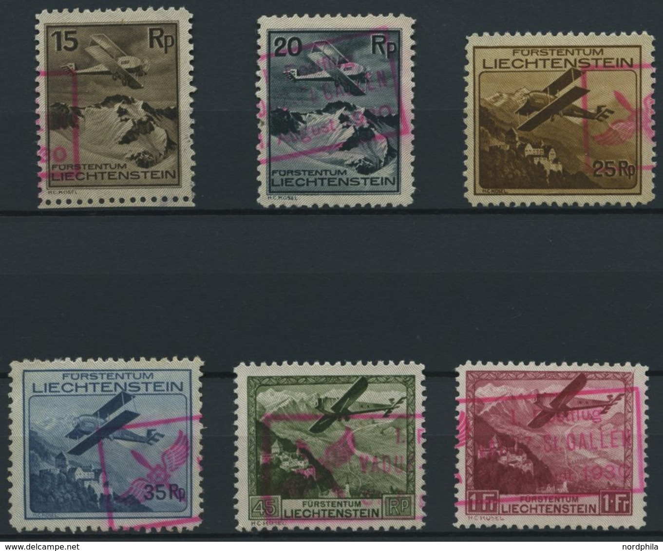 LIECHTENSTEIN 108-13 O, 1930, Flugzeug über Landschaften, Rote Fugpoststempel, Satz Feinst/Pracht - Autres & Non Classés