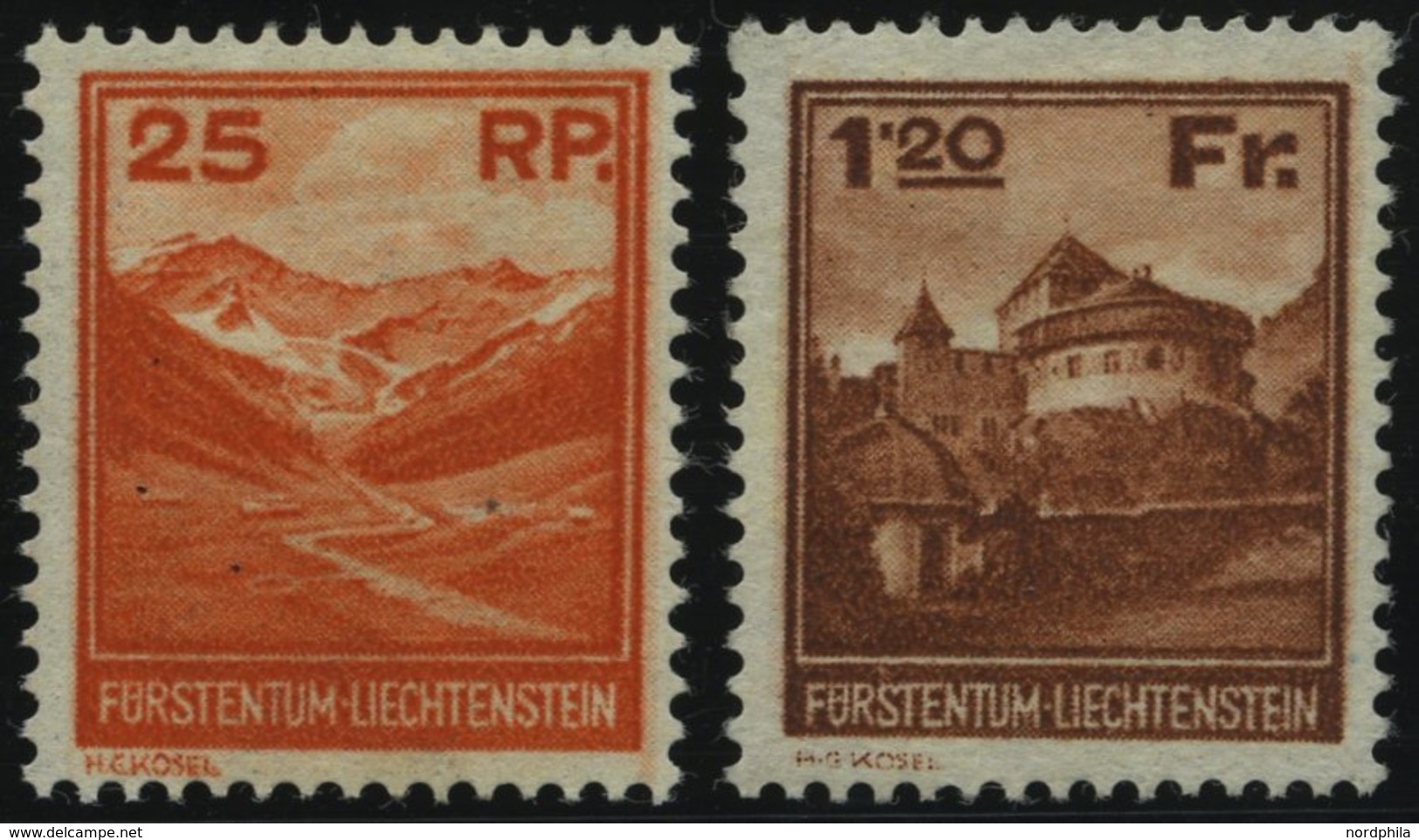 LIECHTENSTEIN 119,121 *, 1933, 25 Rp. Und 1.20 Fr. Landschaften Und Gebäude, Falzrest, Pracht - Otros & Sin Clasificación