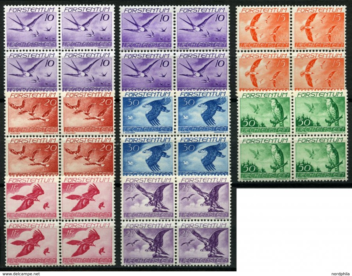 LIECHTENSTEIN 173x,y VB **, 1939, Vögel In Viererblocks, 10 Pf. Beide Gummiarten, Prachtsatz (8 Werte), Mi. 229.- - Autres & Non Classés