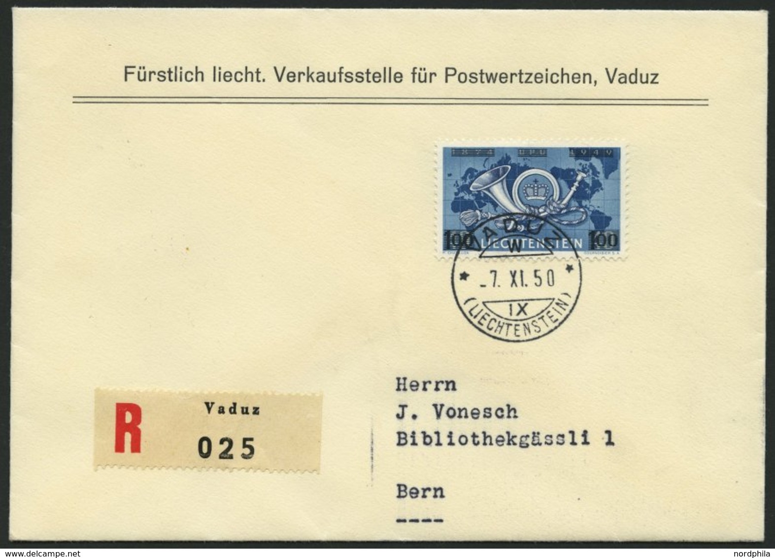 LIECHTENSTEIN 288 BRIEF, 1950, 1 Fr. Auf 40 Rp. Weltpostverein Auf FDC, Einschreibbrief Nach Bern, Pracht, Mi. 200.- - Autres & Non Classés