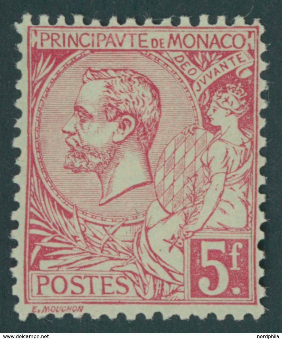 MONACO 21a *, 1891, 5 Fr. Karmin Auf Grünlich, Falzrest, Pracht, Mi. 300.- - Autres & Non Classés