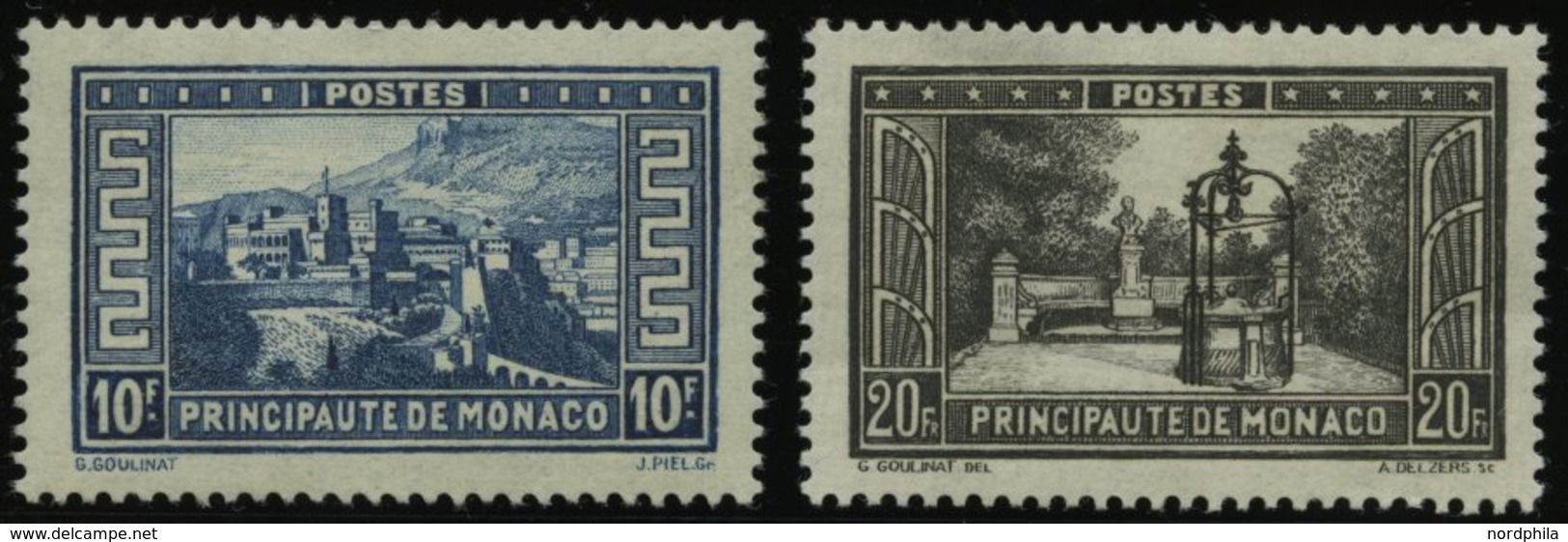 MONACO 135/6 *, 1933, 10 Und 20 Fr. Bauwerke, Falzreste, 20 Fr. Waagerechte Bugspur Sonst Pracht - Autres & Non Classés