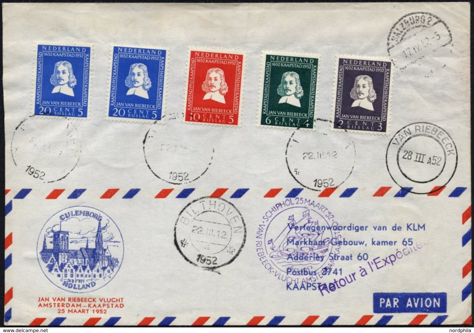 NIEDERLANDE 583-86 BRIEF, 25.3.52, Jan Van Riebeeck-Flug AMSTERDAM-KAPSTADT Und Zurück, Rückseite Mit Bunter Südafrika-F - Otros & Sin Clasificación