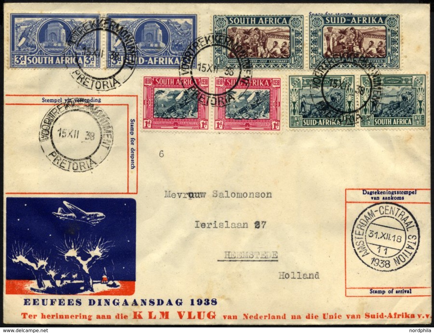 NIEDERLANDE NL,SA BRIEF, 6.12. Und 15.12.1938, KLM-Erstflug AMSTERDAM-PRETORIA-AMSTERDAM Auf Einem Beleg, Prachtbrief, M - Otros & Sin Clasificación