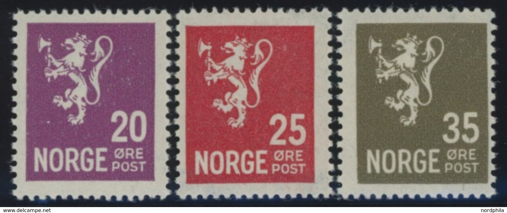 NORWEGEN 123,125,128 *, 1926/7, 20, 25 Und 35 Ø Wappenlöwe, Falzrest, 3 Prachtwerte - Sonstige & Ohne Zuordnung