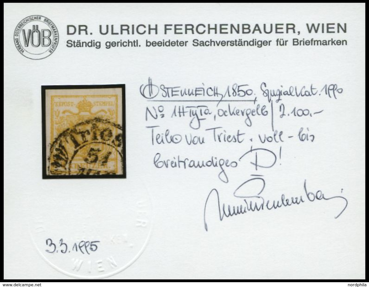 ÖSTERREICH 1Xa O, 1850, 1 Kr. Ockergelb, Handpapier, Type Ia, Stempel TRIEST, Pracht, Fotobefund Dr. Ferchenbauer - Sonstige & Ohne Zuordnung