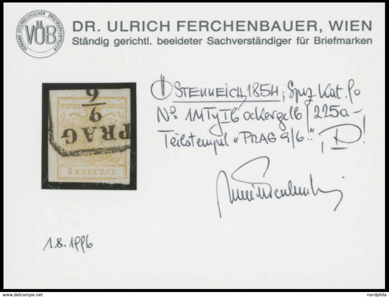 ÖSTERREICH BIS 1867 1Yb O, 1854, 1 Kr. Ockergelb, Maschinenpapier, Type Ib, R4 PRAG, Pracht, Fotobefund Dr. Ferchenbauer - Other & Unclassified