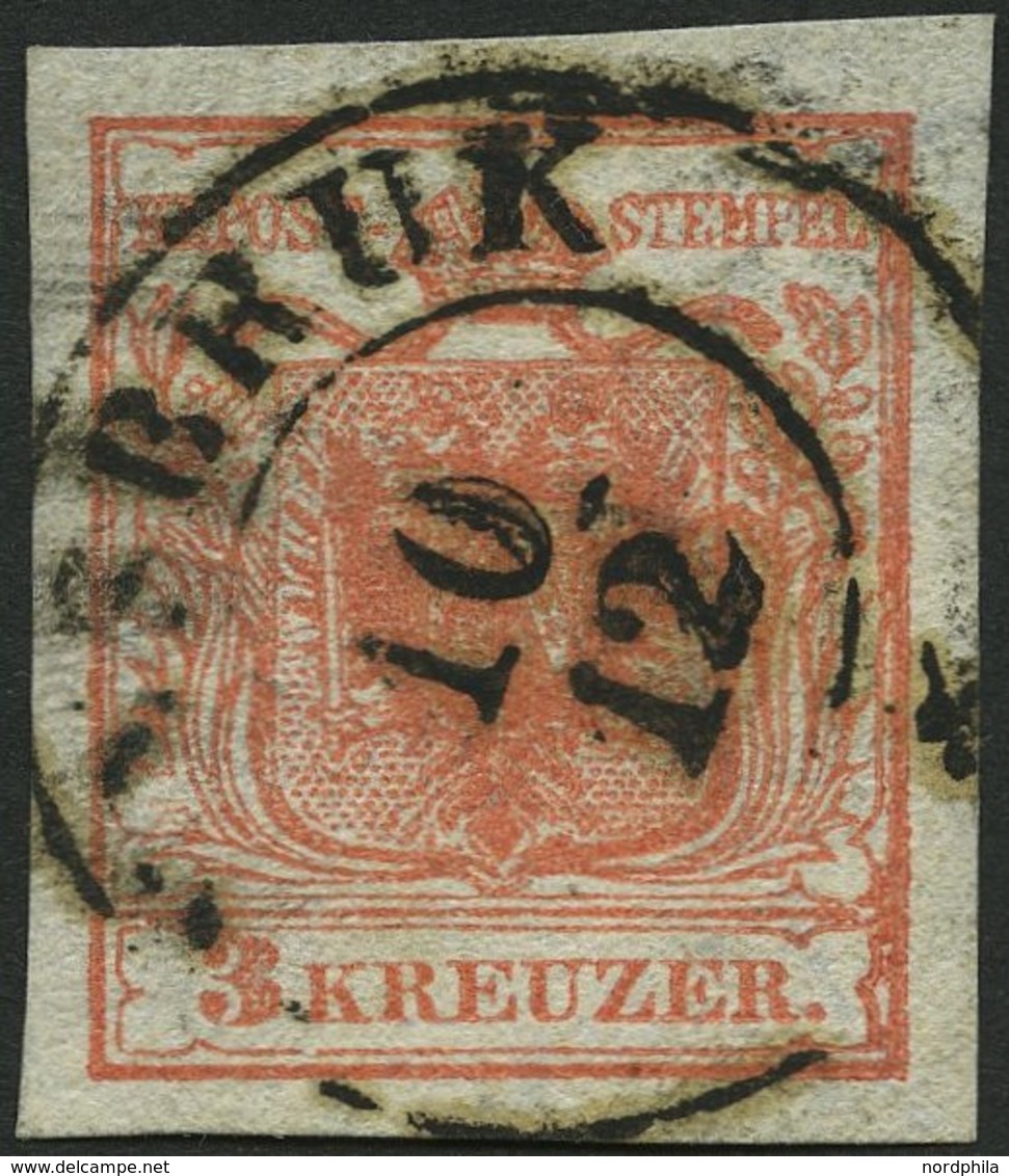 ÖSTERREICH 3Xa O, 1850, 3 Kr. Rot, Handpapier, Type Ib, Randdruck Rechts, Mit Wasserzeichen Und Plattenfehler Weißer Fle - Otros & Sin Clasificación