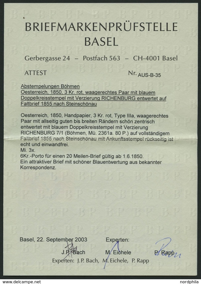 ÖSTERREICH 3Xa Paar BRIEF, 1855, 3 Kr. Rot, Handpapier, Type IIIa, Waagerechtes Breitrandiges Paar Auf Brief Mit Blauem  - Sonstige & Ohne Zuordnung