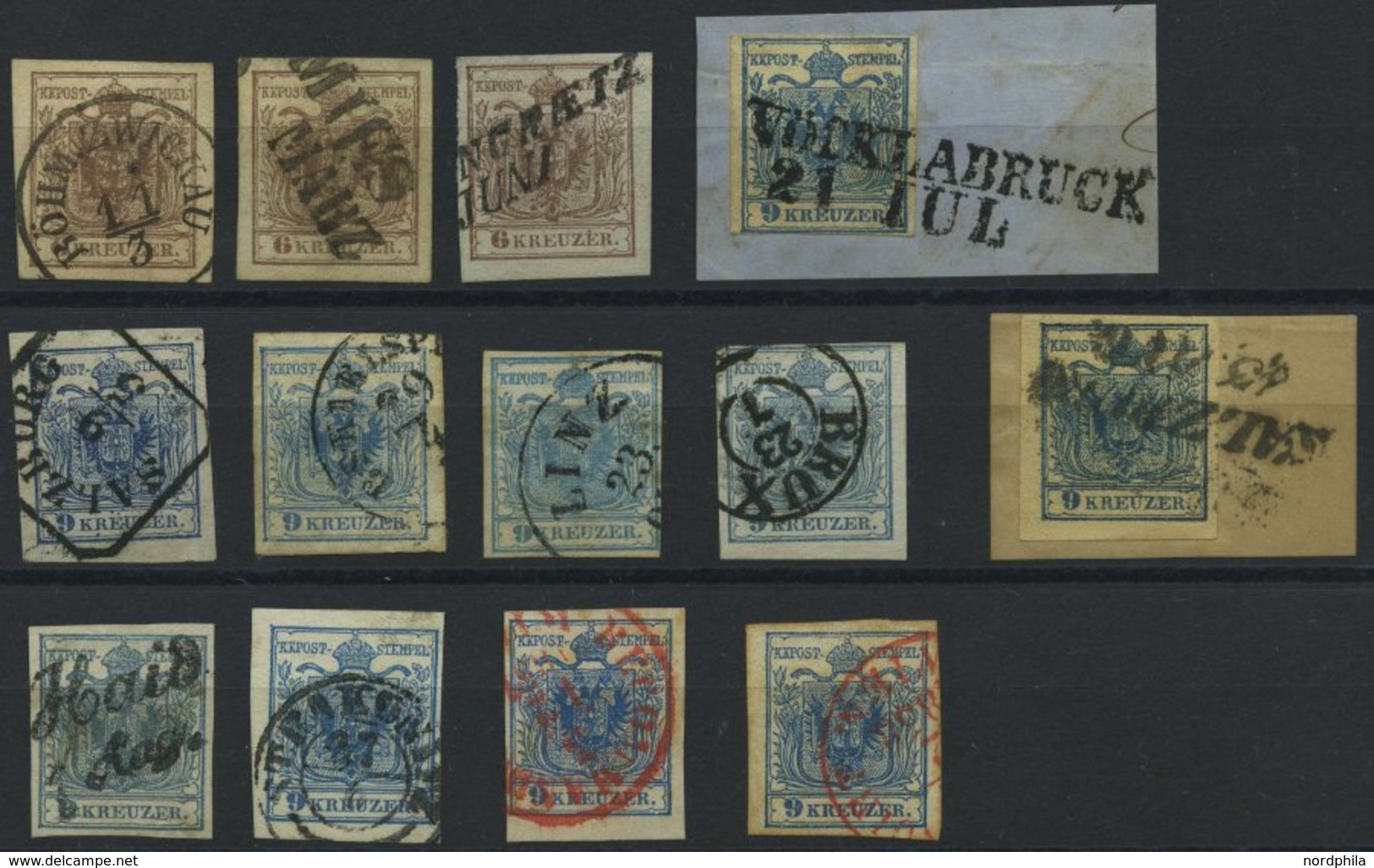 ÖSTERREICH 4/5X,Y O,BrfStk , 1850/4, 6 Kr. Braun Und 9 Kr. Blau, 13 Werte, Dabei Bessere Stempel, Auch 2 Rote, Prachtlot - Other & Unclassified